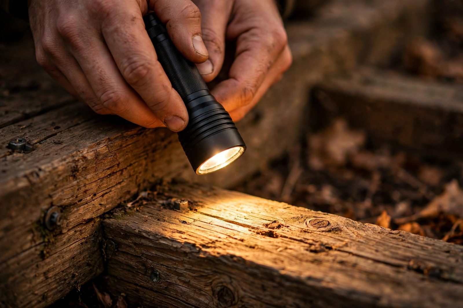 Close inspection of a wooden beam with a flashlight